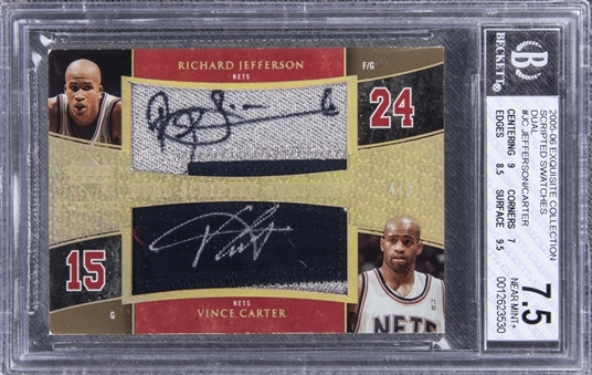 2005-06 UD "Exquisite Collection" Scripted Swatches Dual #JC Richard Jefferson/Vince Carter Dual Signed Game Used Patch Card (#4/5) – BGS NM+ 7.5/BGS 9